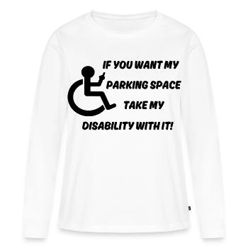 Voulez-vous mon parking pour fauteuils roulants # - T-shirt manches longues Premium bio Femme - blanc - Devant - Julia (174cm)