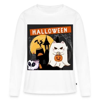 Kawaii Geisterkatze mit einem Halloween-Kürbis - Frauen Premium Bio Langarmshirt - Weiß - Vorne - Julia (174cm)