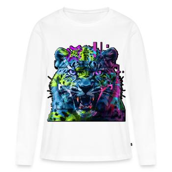 Léopard Techno Neon – Art Glitchcore - T-shirt manches longues Premium bio Femme - blanc - Devant - Julia (174cm)