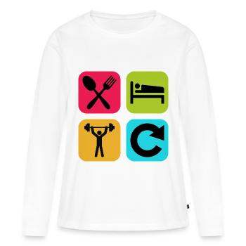Essen, schlafen, heben, wiederholen, lustiges Zitat, Fitnessstudio, - Frauen Premium Bio Langarmshirt - Weiß - Vorne - Julia (174cm)
