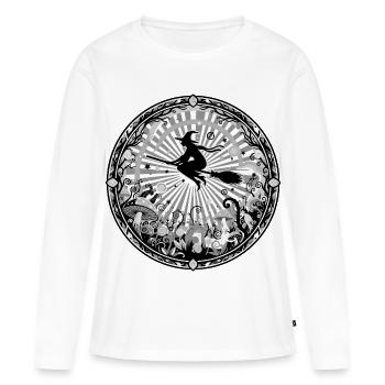 Sorcières avec des balais dans la forêt enchantée, motif noir et blanc - T-shirt manches longues Premium bio Femme - blanc - Devant - Julia (174cm)