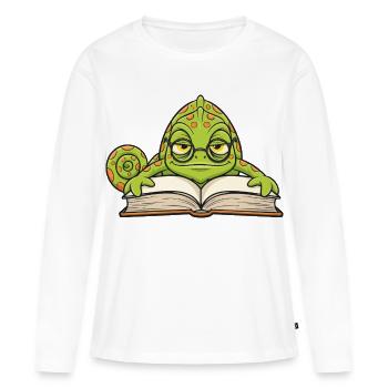 Caméléon Lecteur Lunettes Livre Mascotte Cartoon - T-shirt manches longues Premium bio Femme - blanc - Devant - Julia (174cm)