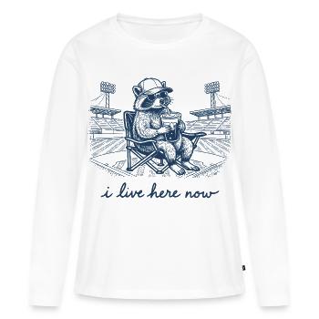 Lustiger Waschbär-Baseball Ich wohne jetzt hier - Frauen Premium Bio Langarmshirt - Weiß - Vorne - Julia (174cm)