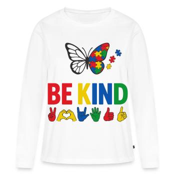 Sensibilisation Autisme Be Kind | Papillon Coloré - T-shirt manches longues Premium bio Femme - blanc - Devant - Julia (174cm)