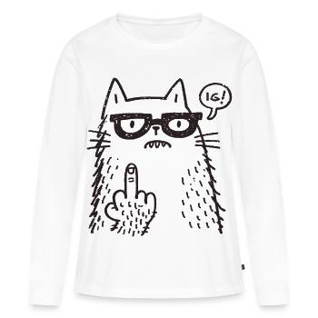 Chat à lunettes avec majeur - T-shirt manches longues Premium bio Femme - blanc - Devant - Julia (174cm)