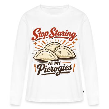 Retro Pierogi Print - Stop Staring At My Art - Frauen Premium Bio Langarmshirt - Weiß - Vorne - Julia (174cm)