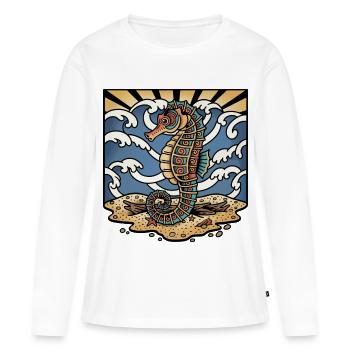 Hippocampe Ocean Vagues Soleil Retro Tatouage - T-shirt manches longues Premium bio Femme - blanc - Devant - Julia (174cm)