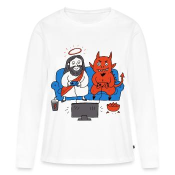 Duo drôle jouant sur le canapé - Jésus et Démon - T-shirt manches longues Premium bio Femme - blanc - Devant - Julia (174cm)