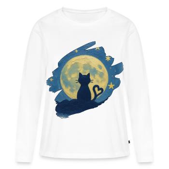 Chat au cœur au clair de lune - T-shirt manches longues Premium bio Femme - blanc - Devant - Julia (174cm)