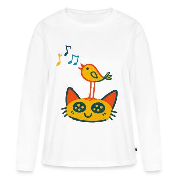 Oiseau chanteur sur chat - T-shirt manches longues Premium bio Femme - blanc - Devant - Julia (174cm)