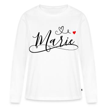 Nom de famille Marie prénom avec décoration en cœur - T-shirt manches longues Premium bio Femme - blanc - Devant - Julia (174cm)