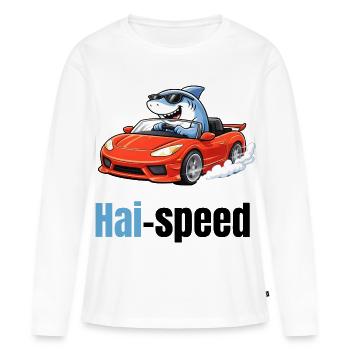 Haispeed | Cool cartoon shark in sports car - Women's Premium Organic Long Sleeve Shirt - white - Front - Julia (174cm)