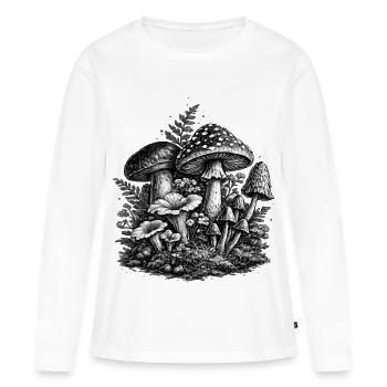 Linogravure vintage aux champignons forestiers - T-shirt manches longues Premium bio Femme - blanc - Devant - Julia (174cm)