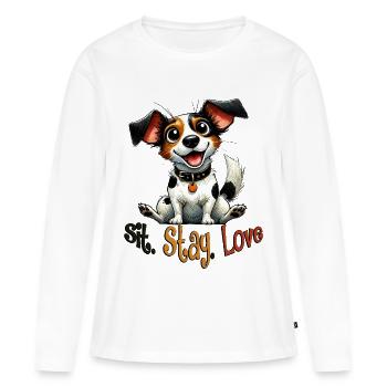 Assieds-toi, reste, aime, Jack Russell Puppy Design - T-shirt manches longues Premium bio Femme - blanc - Devant - Julia (174cm)