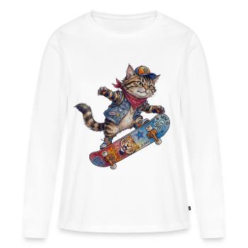 Cool Skater Cat Skateboard Design - Women's Premium Organic Long Sleeve Shirt - white - Front - Julia (174cm)