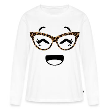 Visage mignon dans le style Kawaii avec des lunettes léopard - T-shirt manches longues Premium bio Femme - blanc - Devant - Julia (174cm)