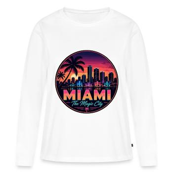 Miami Magic City Retro Sunset Palm Abzeichen - Frauen Premium Bio Langarmshirt - Weiß - Vorne - Julia (174cm)