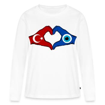 Drapeau de Nazar Turc Mains en forme de cœur - T-shirt manches longues Premium bio Femme - blanc - Devant - Julia (174cm)
