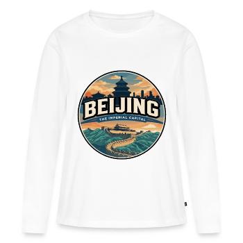Badge rétro de voyage de la Grande Muraille de Pékin - T-shirt manches longues Premium bio Femme - blanc - Devant - Julia (174cm)