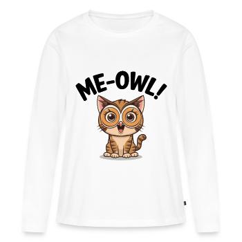 Me-Owl – Dessin animé Chat portant un masque de hibou avec un jeu de mots - T-shirt manches longues Premium bio Femme - blanc - Devant - Julia (174cm)