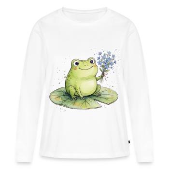 Grenouille mignonne avec des fleurs de myosotis - T-shirt manches longues Premium bio Femme - blanc - Devant - Julia (174cm)