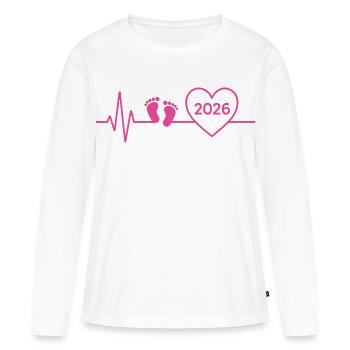 Bébé 2026 annonce de bébé future maman   - T-shirt manches longues Premium bio Femme - blanc - Devant - Julia (174cm)
