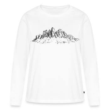 Geislerspitzen Silhouette | Dolomiten Gipfel  - Frauen Premium Bio Langarmshirt - Weiß - Vorne - Julia (174cm)