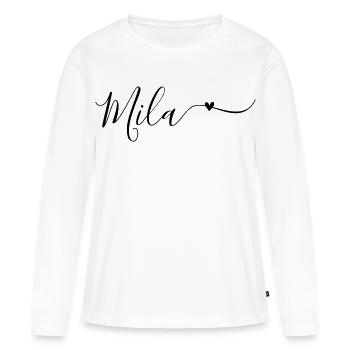 Prénom Mila Décoratif - T-shirt manches longues Premium bio Femme - blanc - Devant - Julia (174cm)