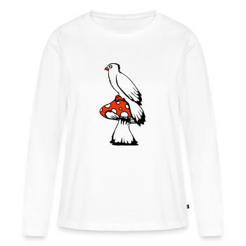 Vogel sitzt süß großer Pilz Punkten Fliegenpilz - Frauen Premium Bio Langarmshirt - Weiß - Vorne - Julia (174cm)