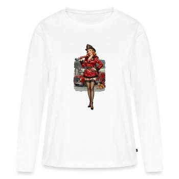 Pompier pin-up en rouge - T-shirt manches longues Premium bio Femme - blanc - Devant - Julia (174cm)