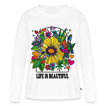 La vie est magnifique, rétro flower power des années 70 - T-shirt manches longues Premium bio Femme - blanc - Devant - Julia (174cm)