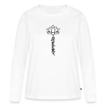 Lettrage Namaste – Fleur de lotus minimaliste - T-shirt manches longues Premium bio Femme - blanc - Devant - Julia (174cm)