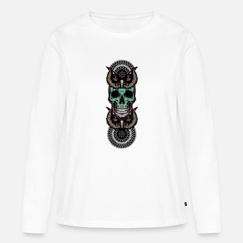 Totenkopf mit Eule - Frauen Premium Bio Langarmshirt - Weiß