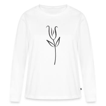 Dessin au trait minimaliste d’une seule tulipe - T-shirt manches longues Premium bio Femme - blanc - Devant - Julia (174cm)
