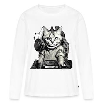 DJ cat avec table de mixage - T-shirt manches longues Premium bio Femme - blanc - Devant - Julia (174cm)