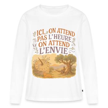 Ici on attend pas l'heure on attend l'envie - T-shirt manches longues Premium bio Femme - blanc - Devant - Julia (174cm)