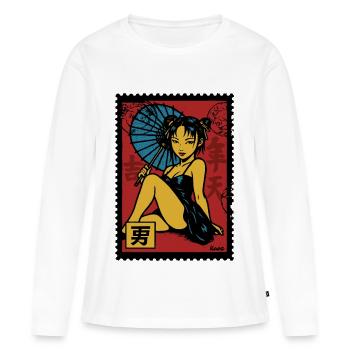 Illustration d'une geisha avec un parasol - T-shirt manches longues Premium bio Femme - blanc - Devant - Julia (174cm)