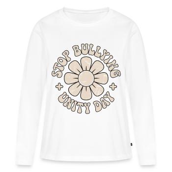 Contre le harcèlement, l’harmonie, la cohésion, le message - T-shirt manches longues Premium bio Femme - blanc - Devant - Julia (174cm)