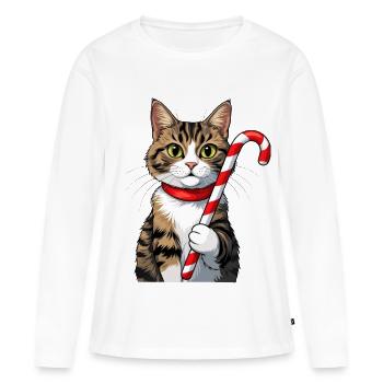 Chat d’hiver avec canne à sucre - T-shirt manches longues Premium bio Femme - blanc - Devant - Julia (174cm)