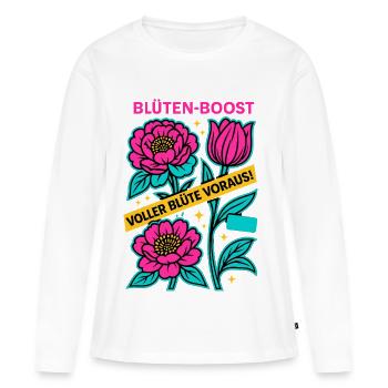 Impulsion de la Fleur, Puissance du Ressort, Fleur à Venir - T-shirt manches longues Premium bio Femme - blanc - Devant - Julia (174cm)
