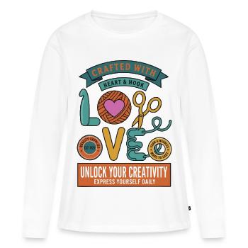 Häkeln, gefertigt mit Herz- und Hakenliebe - Frauen Premium Bio Langarmshirt - Weiß - Vorne - Julia (174cm)