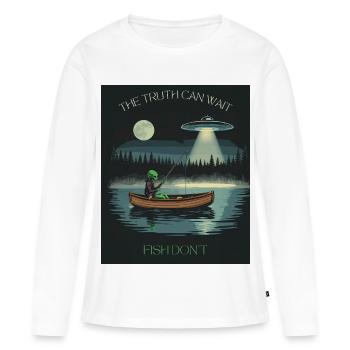 Space Fisherman : La vérité t’attend - T-shirt manches longues Premium bio Femme - blanc - Devant - Julia (174cm)