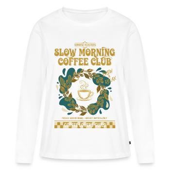 Petit-déjeuner, café, brunch, pancakes, bacon, nourriture drôle - T-shirt manches longues Premium bio Femme - blanc - Devant - Julia (174cm)
