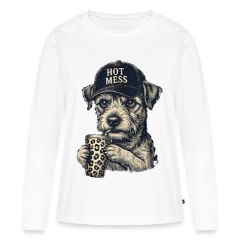 Hot Mess Hund mit Leopardenkaffee - Frauen Premium Bio Langarmshirt - Weiß - Vorne - Julia (174cm)