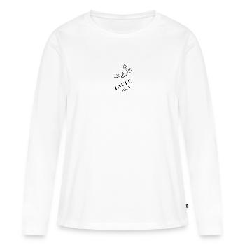 Baptême 2025 Colombe flottante vers le bas Cadeau de baptême 2025 - T-shirt manches longues Premium bio Femme - blanc - Devant - Julia (174cm)