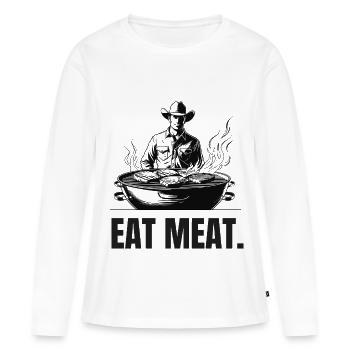 MANGER DE LA VIANDE | T-shirt Carnivore | Déclaration sur le steak - T-shirt manches longues Premium bio Femme - blanc - Devant - Julia (174cm)