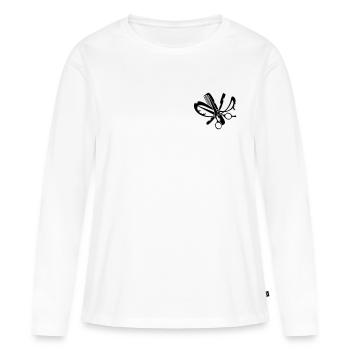 Un logo de coiffure avec un peigne, ciseaux et - T-shirt manches longues Premium bio Femme - blanc - Devant - Julia (174cm)