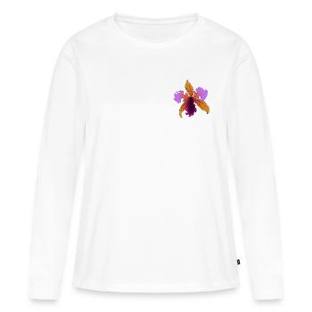 Iris flamboyant violet et orange - T-shirt manches longues Premium bio Femme - blanc - Devant - Julia (174cm)