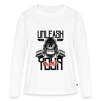 Power Schriftzug 2026 Vintage Tierisch Sportlich  - Frauen Premium Bio Langarmshirt - Weiß - Vorne - Julia (174cm)