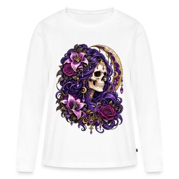 Schädelfrau, Mondblumen, Lila, Gotisch, - Frauen Premium Bio Langarmshirt - Weiß - Vorne - Julia (174cm)